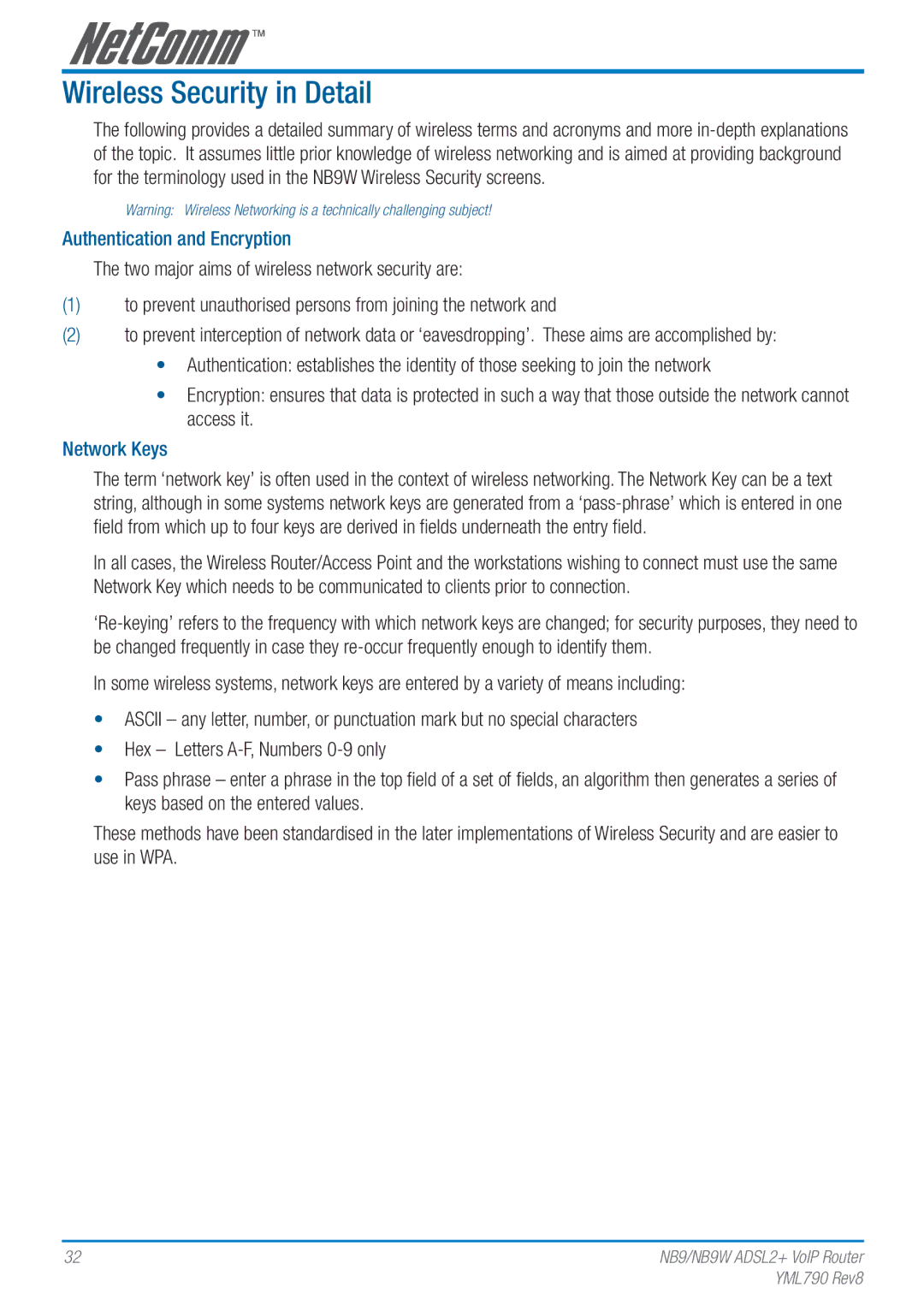 Netcom NB9W manual Wireless Security in Detail, Authentication and Encryption, Network Keys 