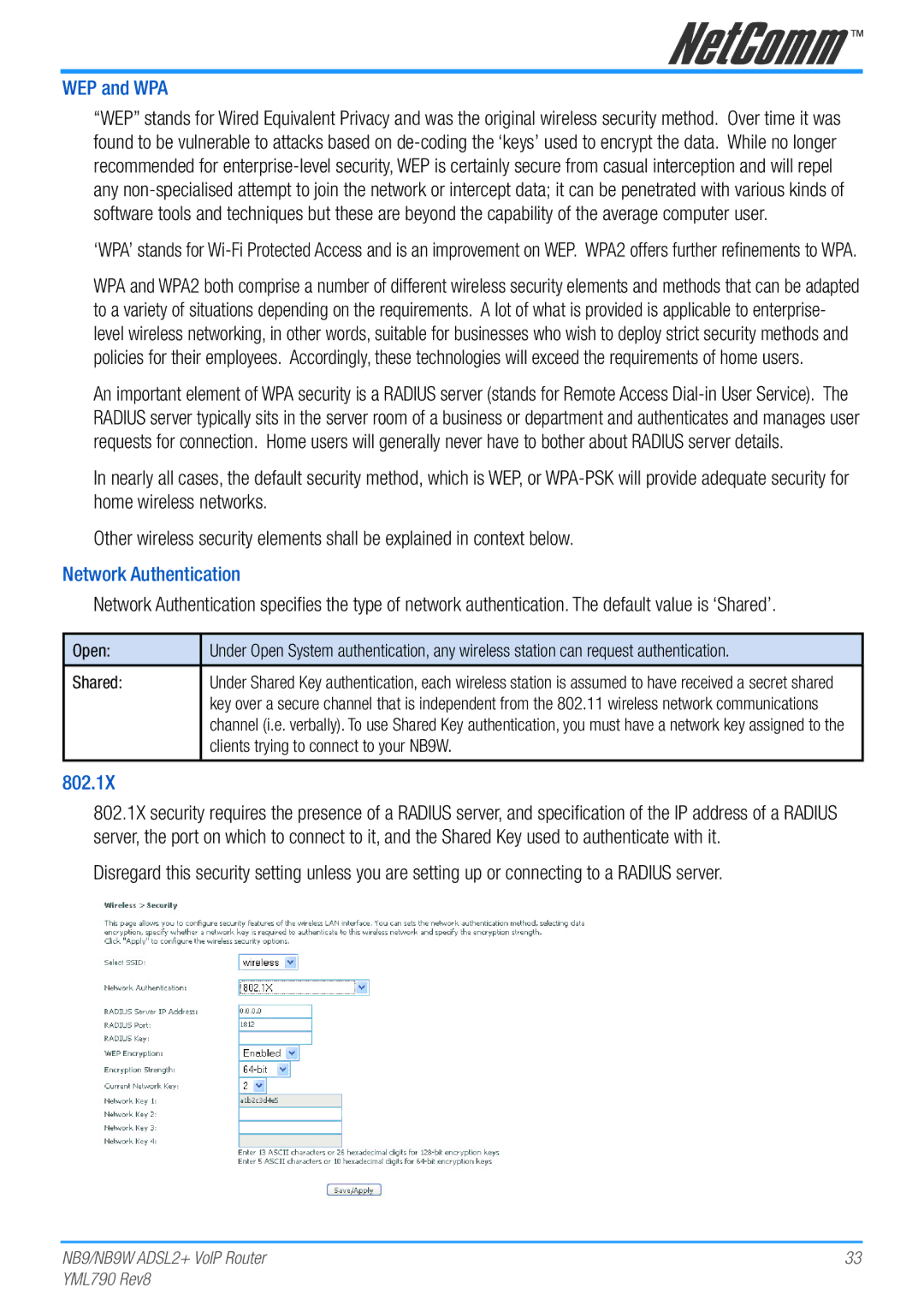 Netcom manual WEP and WPA, Network Authentication, 802.1X, Shared, Clients trying to connect to your NB9W 