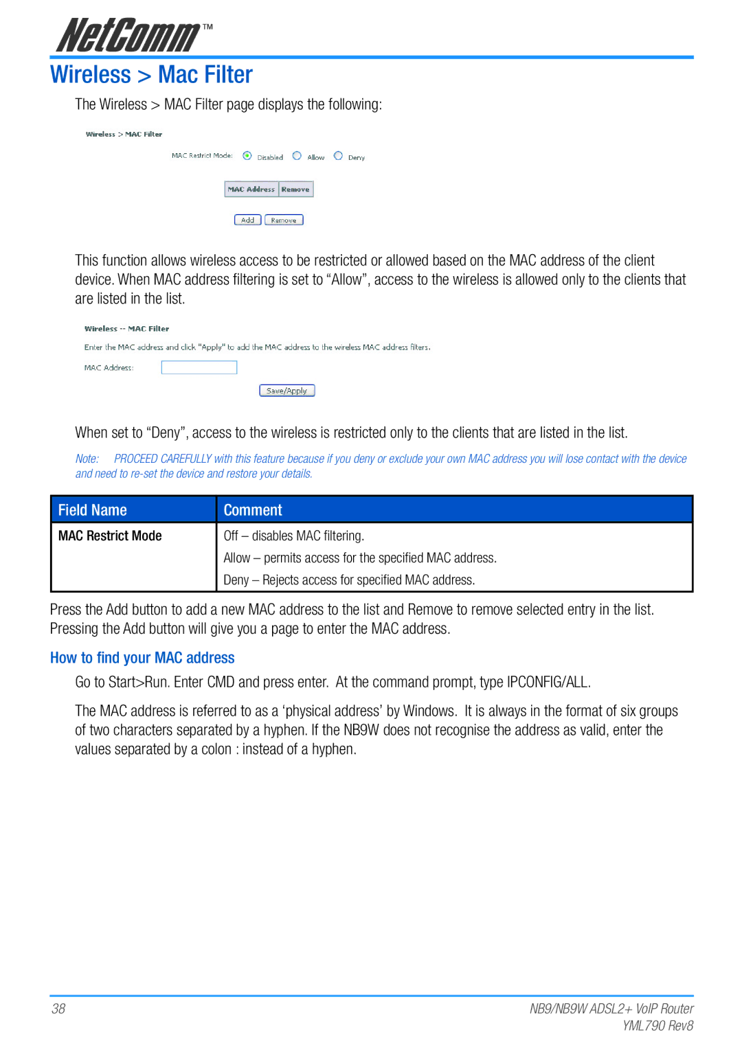 Netcom NB9W manual Wireless Mac Filter, Field Name Comment, How to find your MAC address 