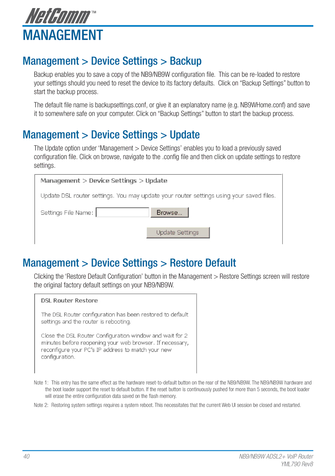 Netcom NB9W manual Management Device Settings Backup, Management Device Settings Update 