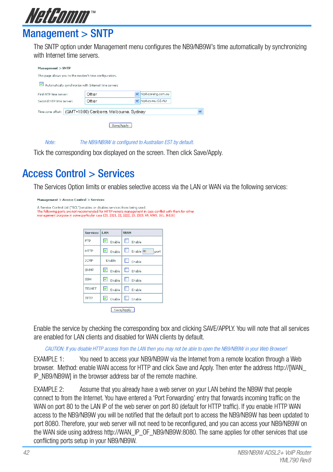 Netcom NB9W manual Management Sntp, Access Control Services 