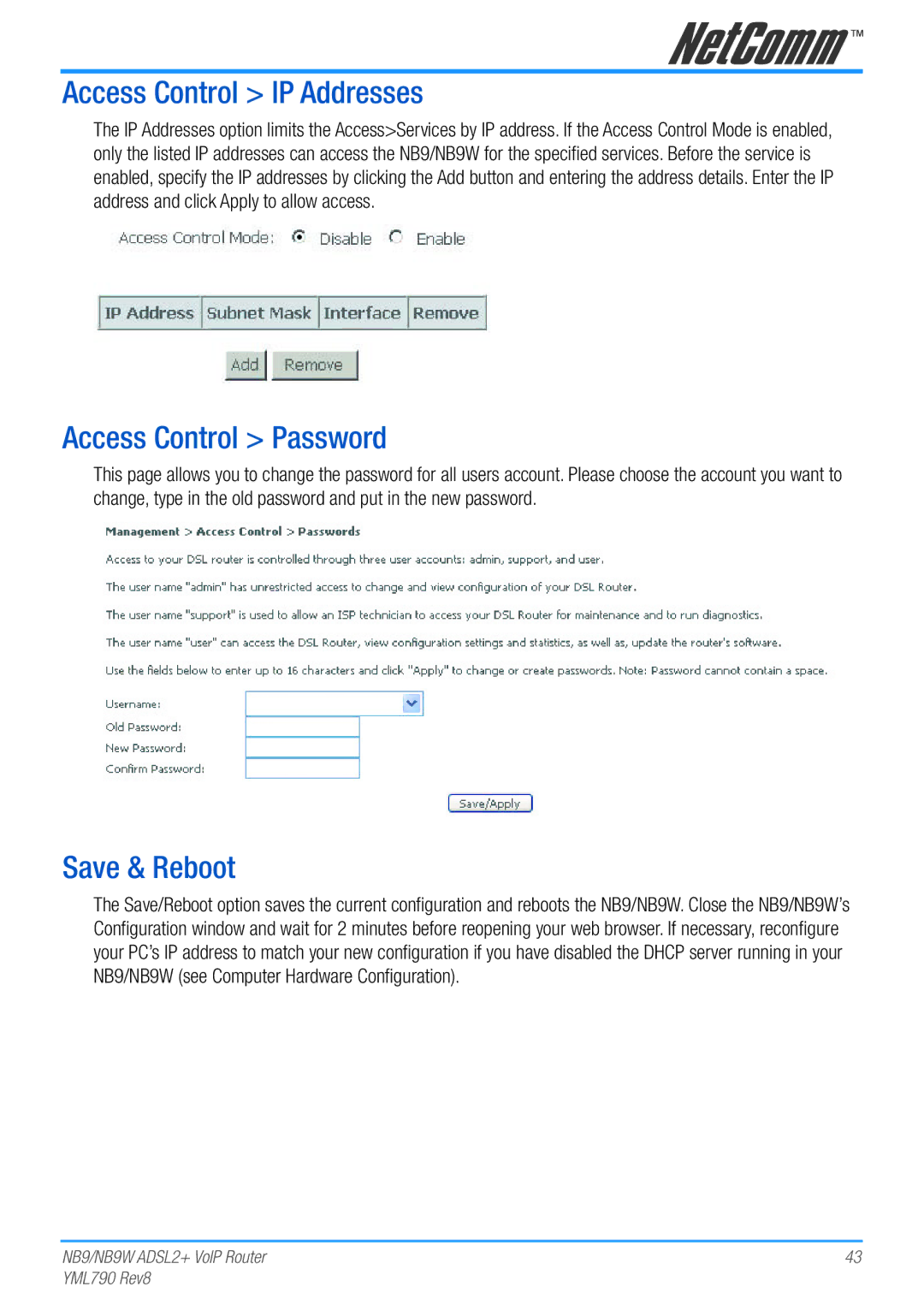 Netcom NB9W manual Access Control IP Addresses, Access Control Password, Save & Reboot 