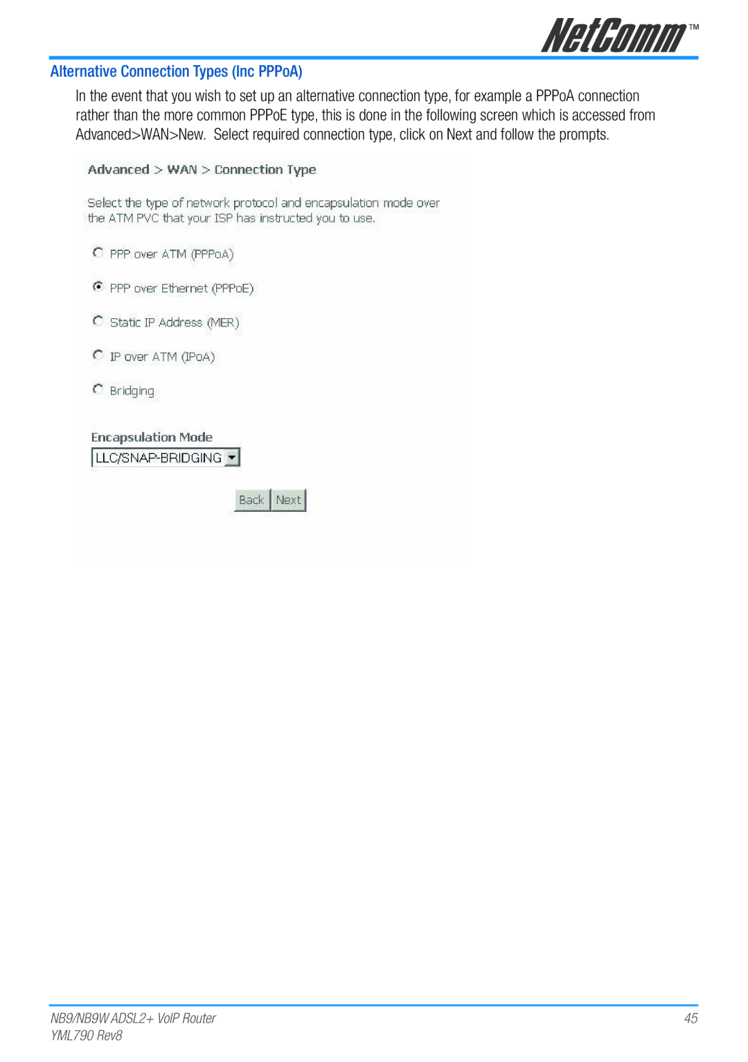 Netcom NB9W manual Alternative Connection Types Inc PPPoA 