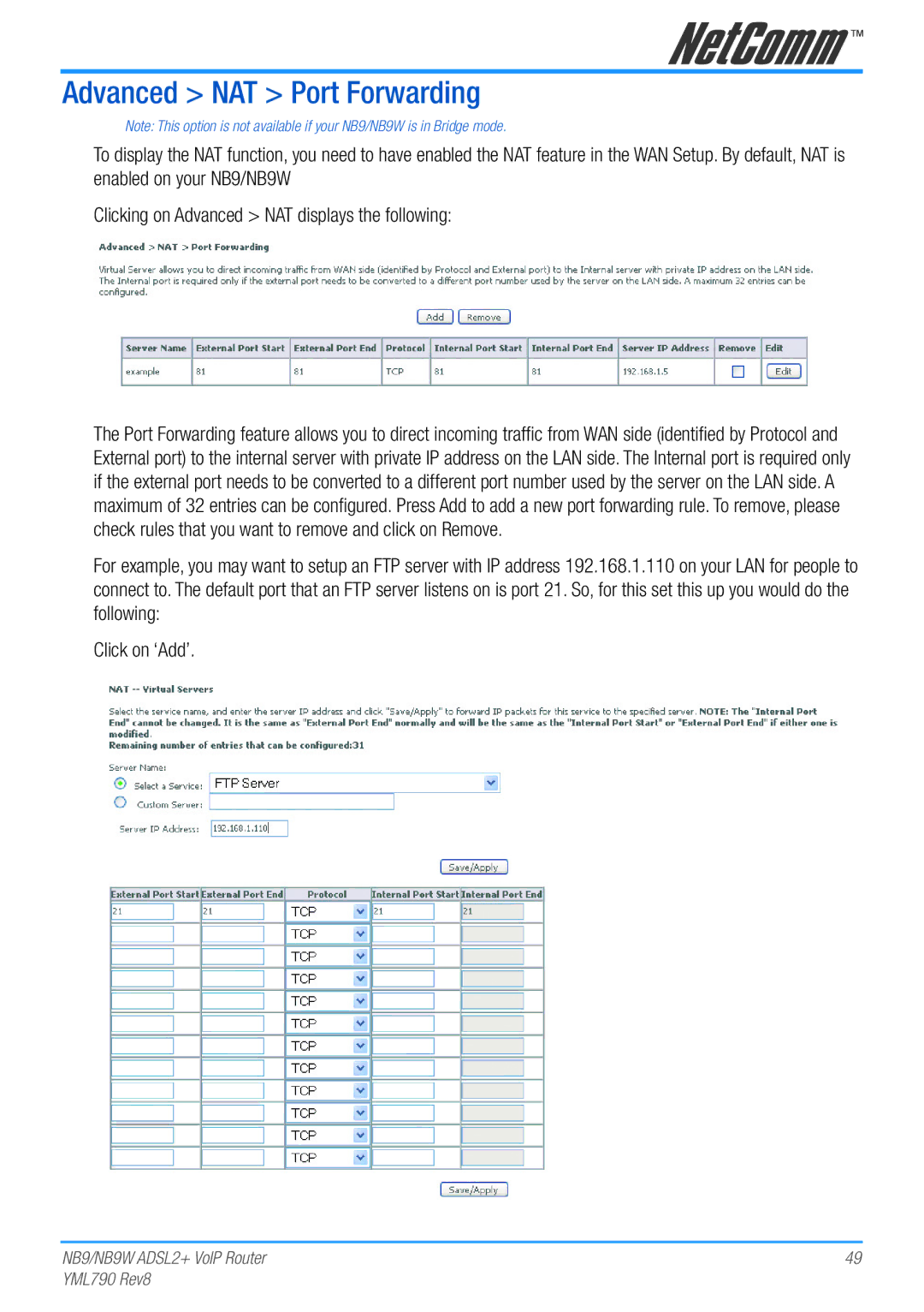 Netcom NB9W manual Advanced NAT Port Forwarding 