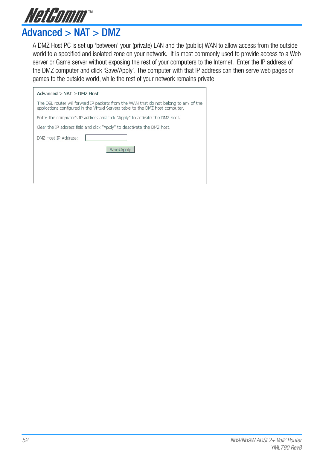 Netcom NB9W manual Advanced NAT DMZ 