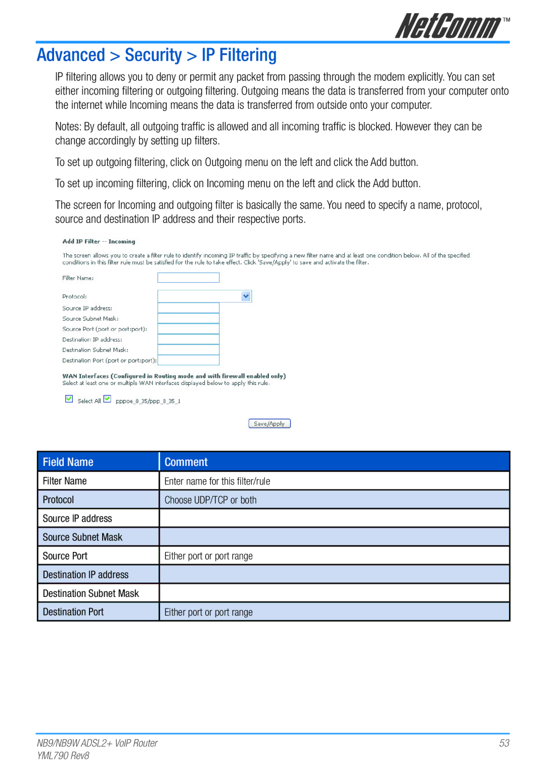 Netcom NB9W manual Advanced Security IP Filtering, Field Name Comment 