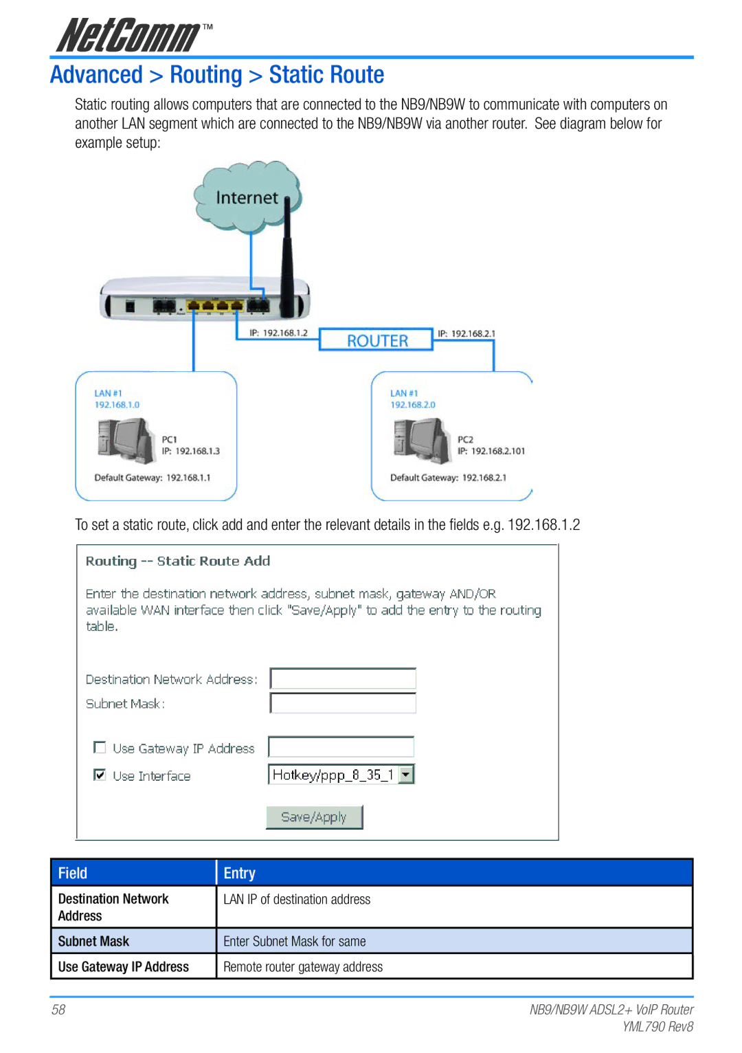 Netcom NB9W manual Advanced Routing Static Route, Field Entry, Remote router gateway address 