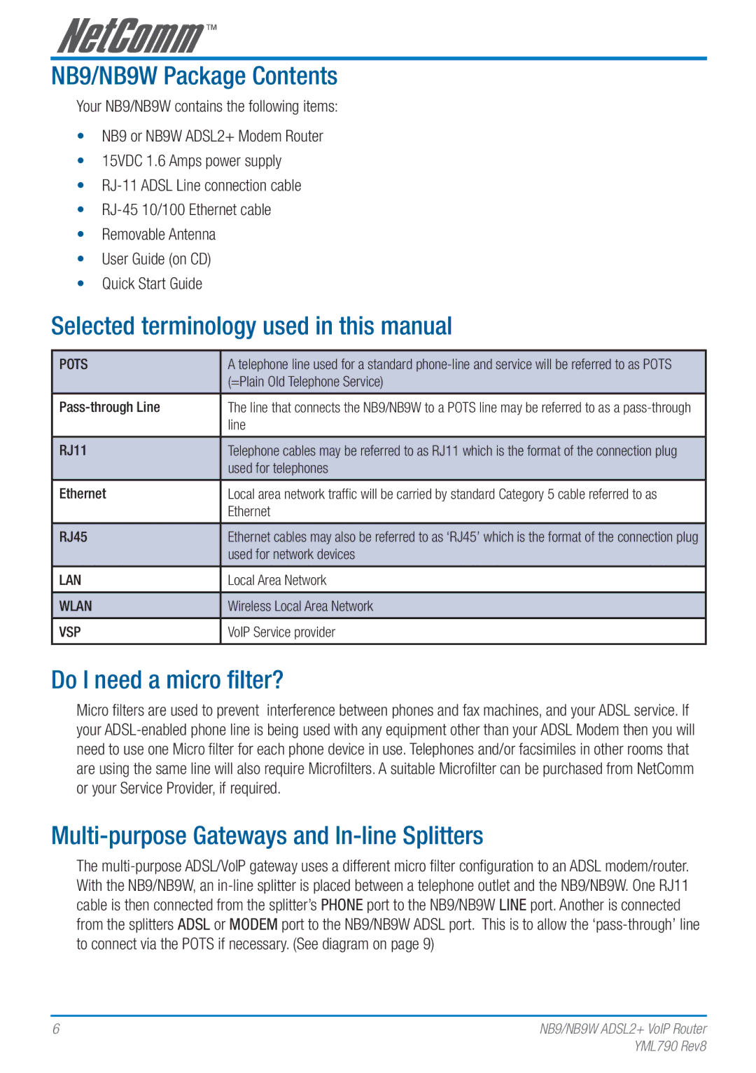 Netcom NB9/NB9W Package Contents, Selected terminology used in this manual, Do I need a micro filter? 