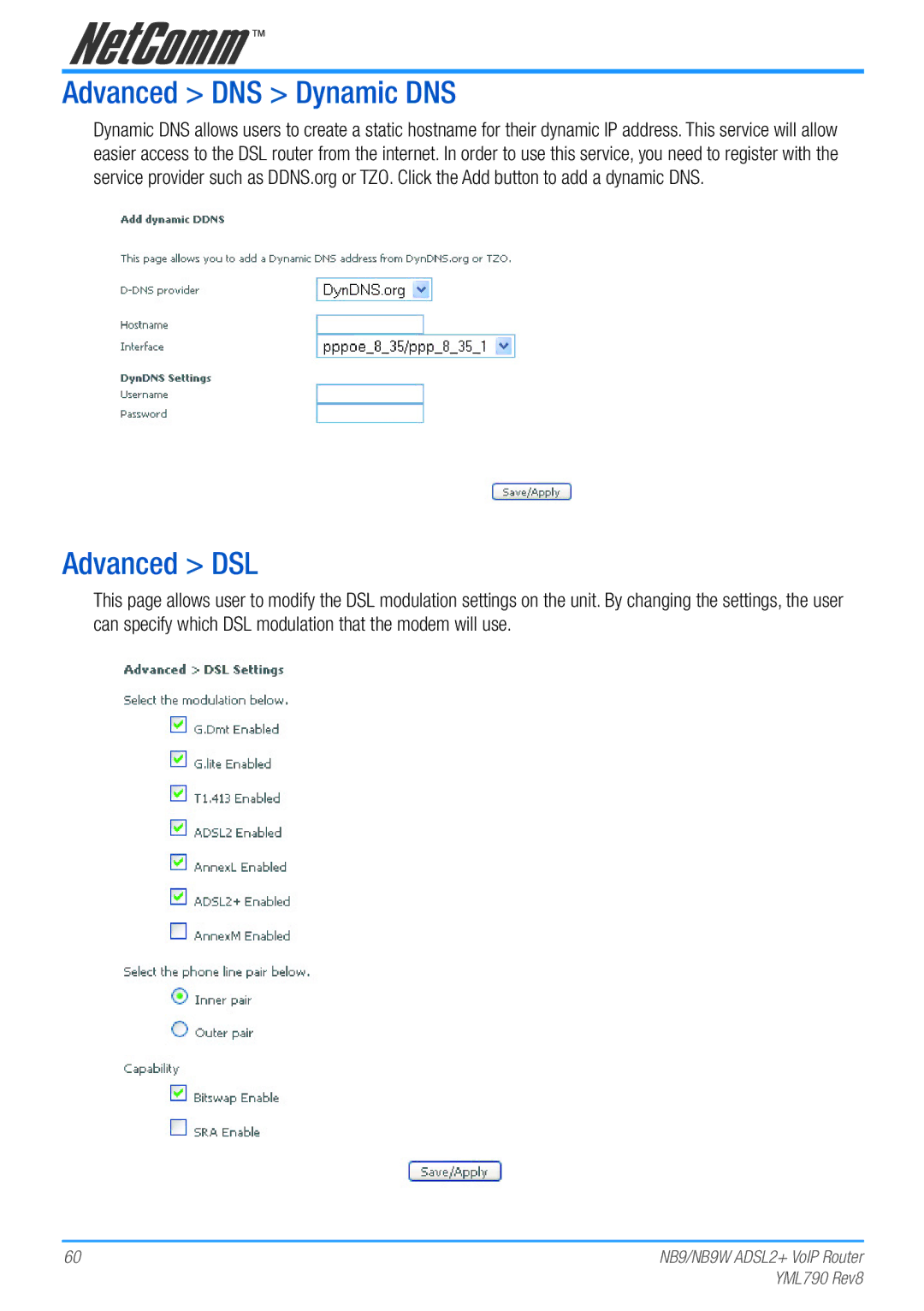 Netcom NB9W manual Advanced DNS Dynamic DNS, Advanced DSL 