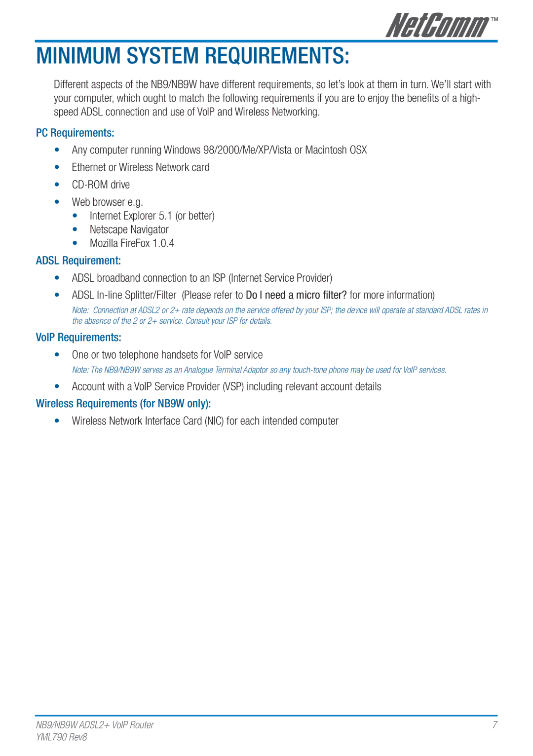 Netcom NB9W manual Minimum System Requirements, PC Requirements, Adsl Requirement, VoIP Requirements 