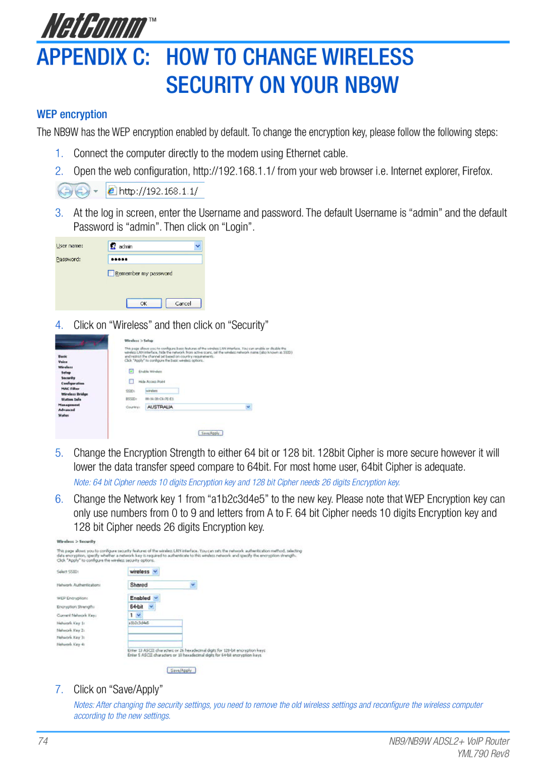 Netcom manual Appendix C How to change Wireless Security on your NB9W, WEP encryption 