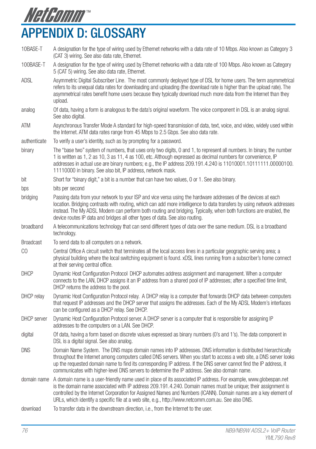 Netcom NB9W manual Appendix D Glossary 