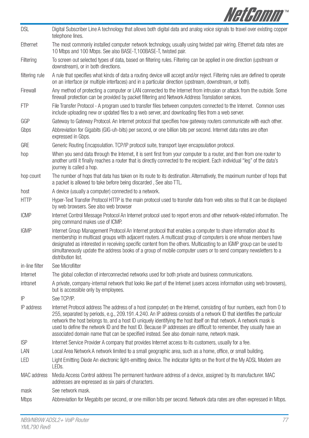 Netcom NB9W manual Dsl, Ftp, Ggp, Gre, Http, Icmp, Igmp, Isp, Led 