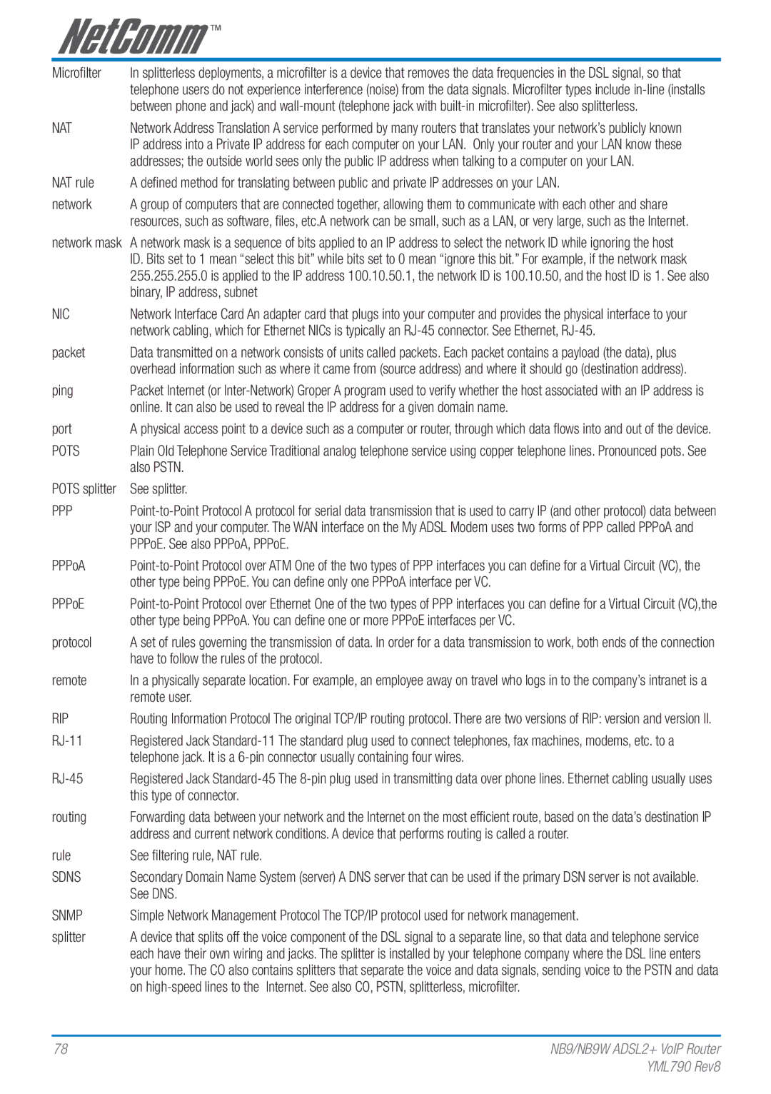 Netcom NB9W manual Nic, Rip, Sdns, Snmp 