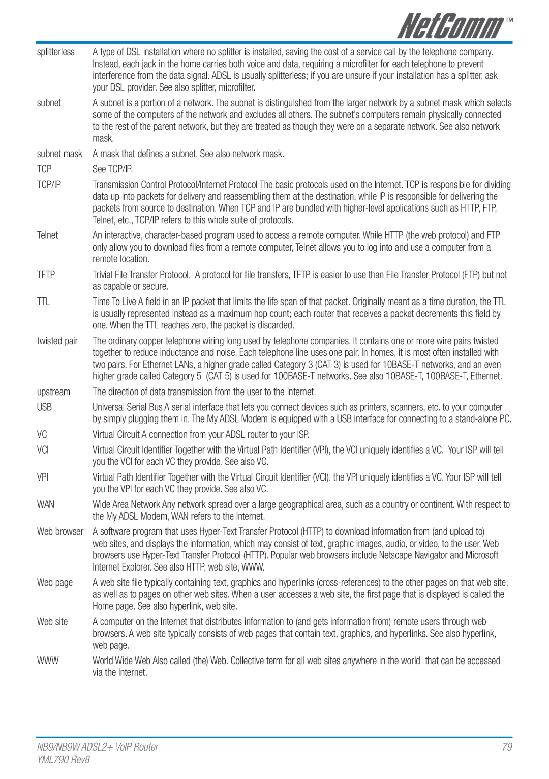 Netcom NB9W manual Tcp/Ip, Tftp, Ttl, Usb, Vci, Vpi, Wan 