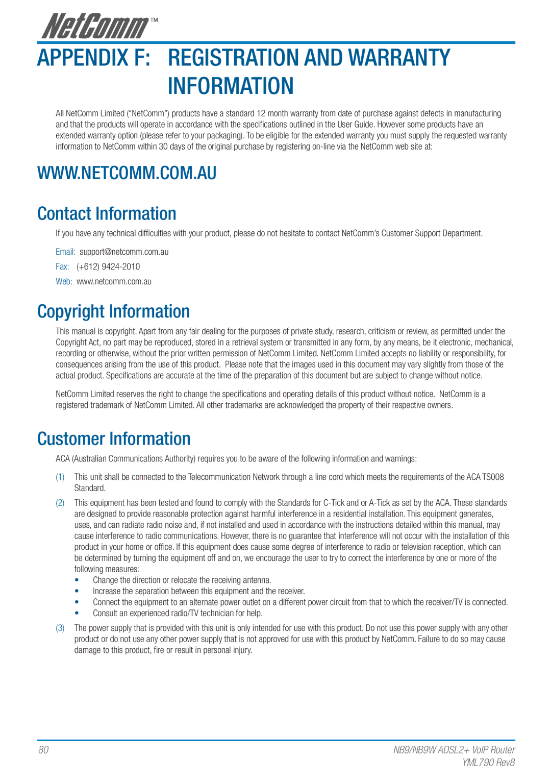 Netcom NB9W manual Appendix F Registration and Warranty Information, Contact Information, Copyright Information 