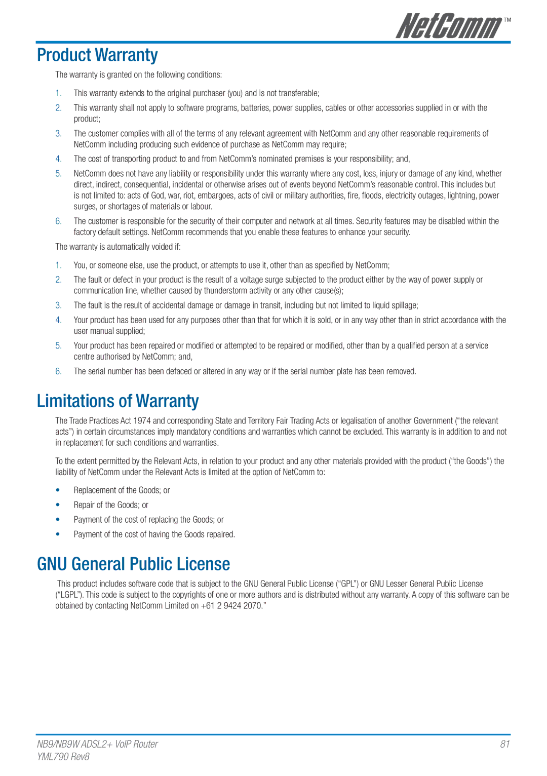 Netcom NB9W manual Product Warranty, Limitations of Warranty, GNU General Public License 