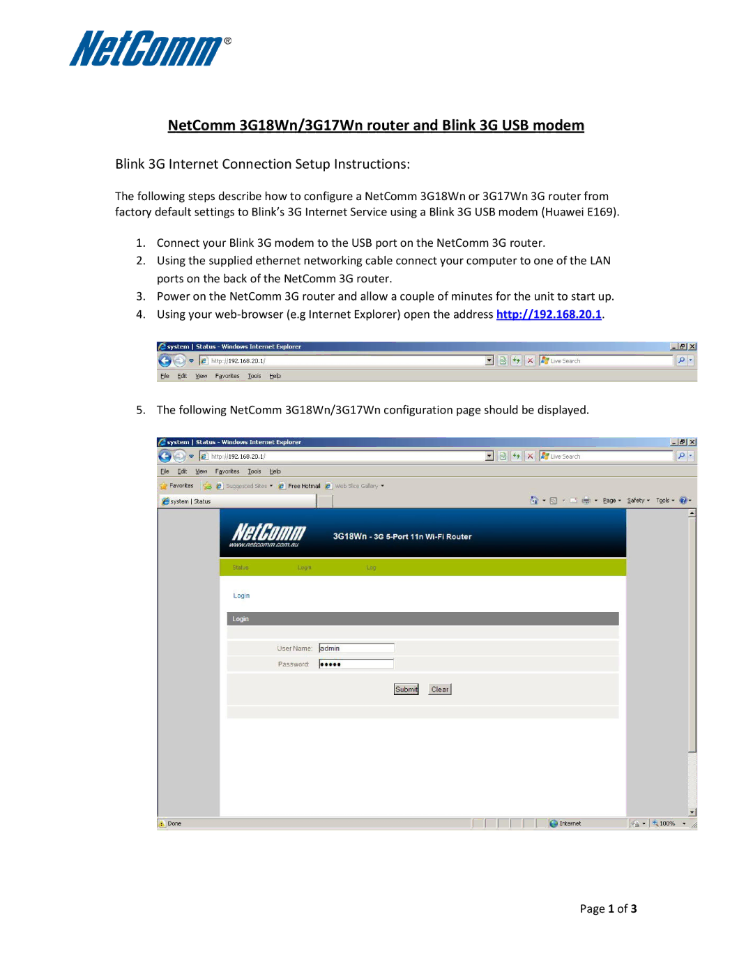 NetComm 3G17WN manual NetComm 3G18Wn/3G17Wn router and Blink 3G USB modem, Blink 3G Internet Connection Setup Instructions 