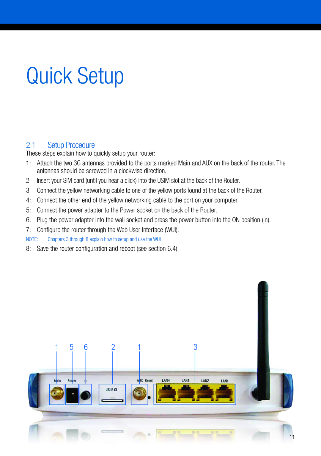 NetComm 3G9W manual Quick Setup, Setup Procedure, Configure the router through the Web User Interface WUI 