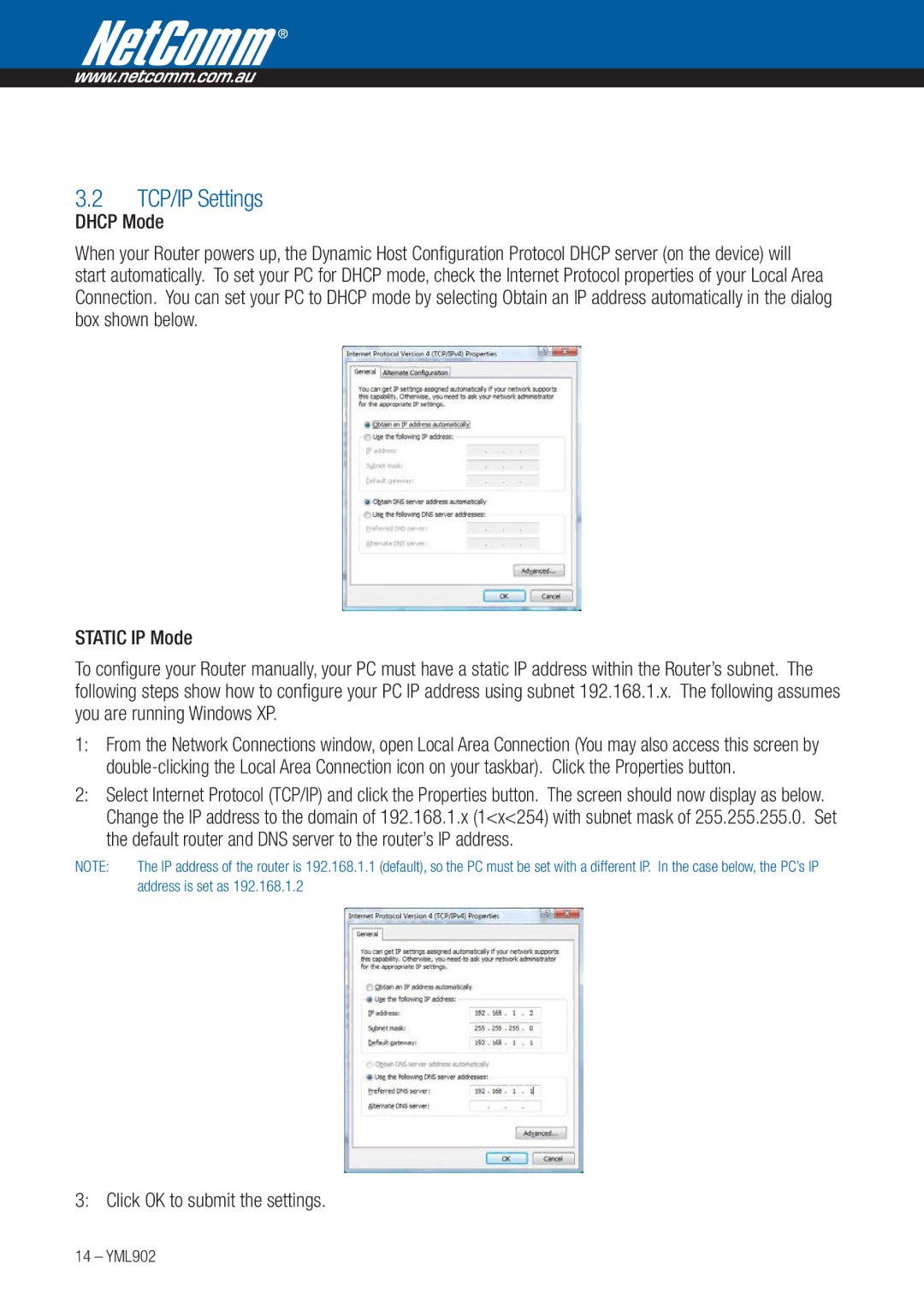 NetComm 3G9W manual TCP/IP Settings, Dhcp Mode, Click OK to submit the settings 