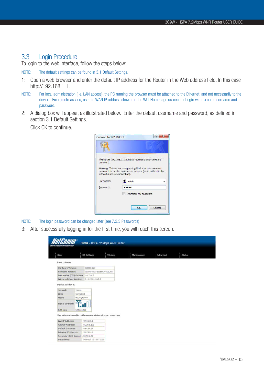 NetComm 3G9W manual Login Procedure, To login to the web interface, follow the steps below 