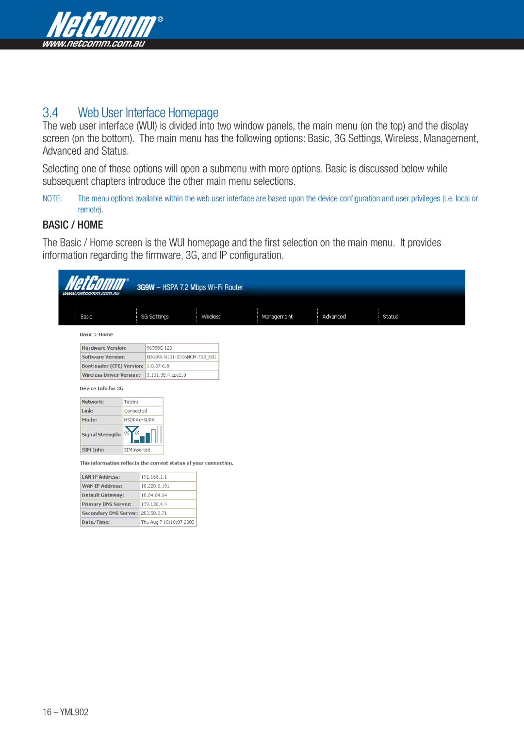 NetComm 3G9W manual Web User Interface Homepage, Basic / Home 