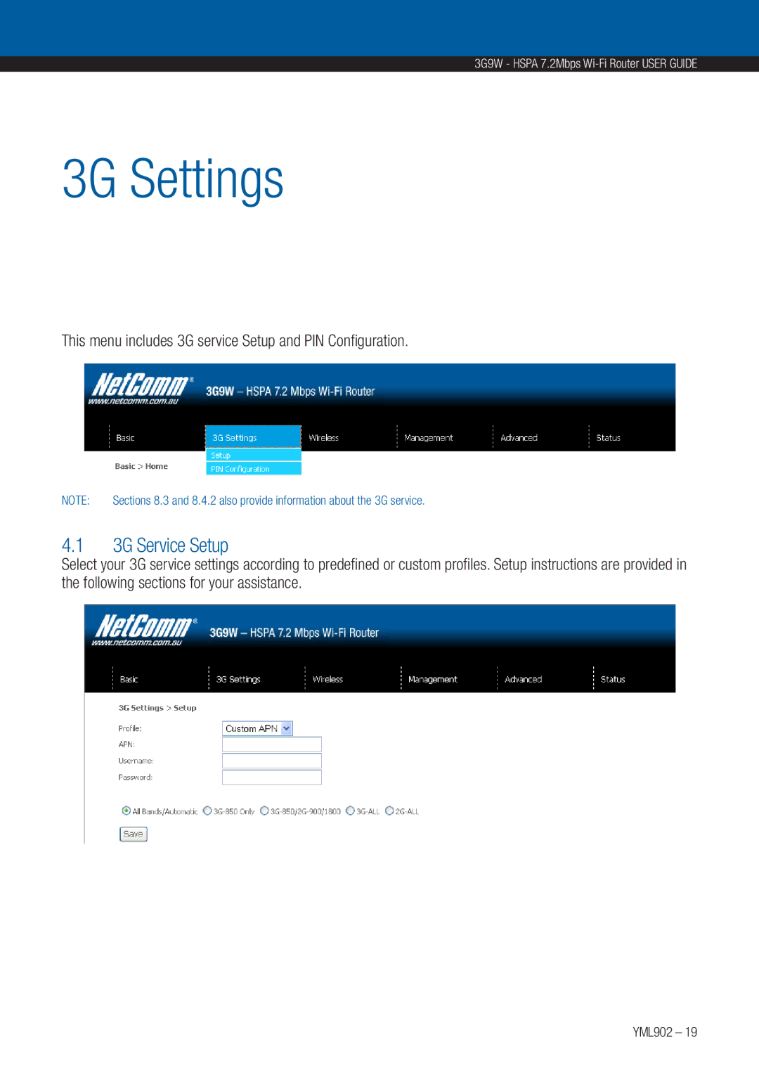 NetComm 3G9W manual 3G Settings, 3G Service Setup, This menu includes 3G service Setup and PIN Configuration 