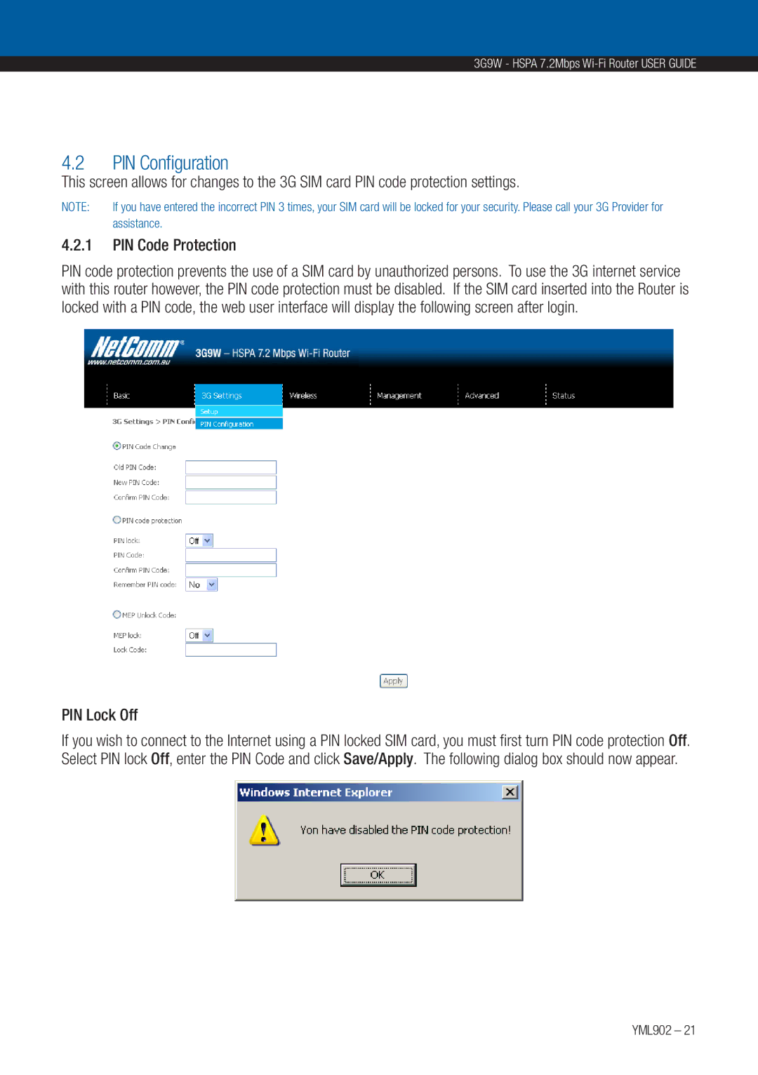 NetComm 3G9W manual PIN Configuration, PIN Code Protection, PIN Lock Off 