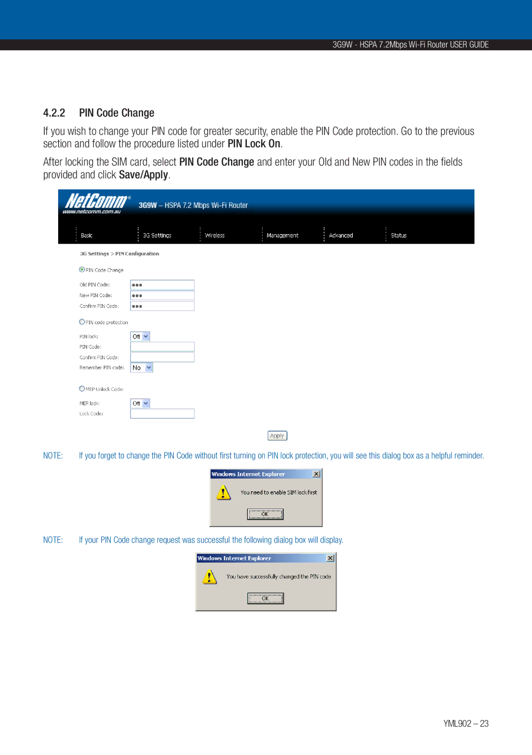 NetComm 3G9W manual PIN Code Change 