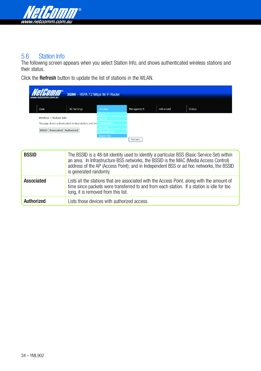 NetComm 3G9W manual Station Info, Is generated randomly, Associated, Long, it is removed from this list 