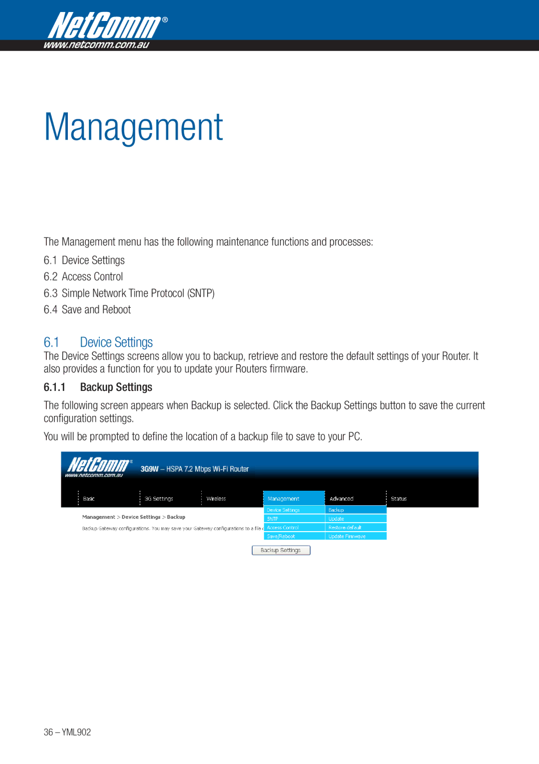 NetComm 3G9W manual Management, Device Settings 