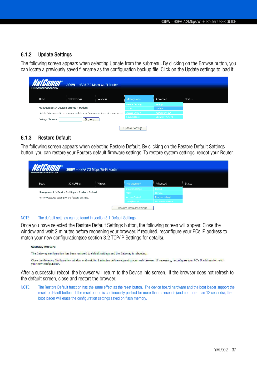 NetComm 3G9W manual Update Settings, Restore Default 
