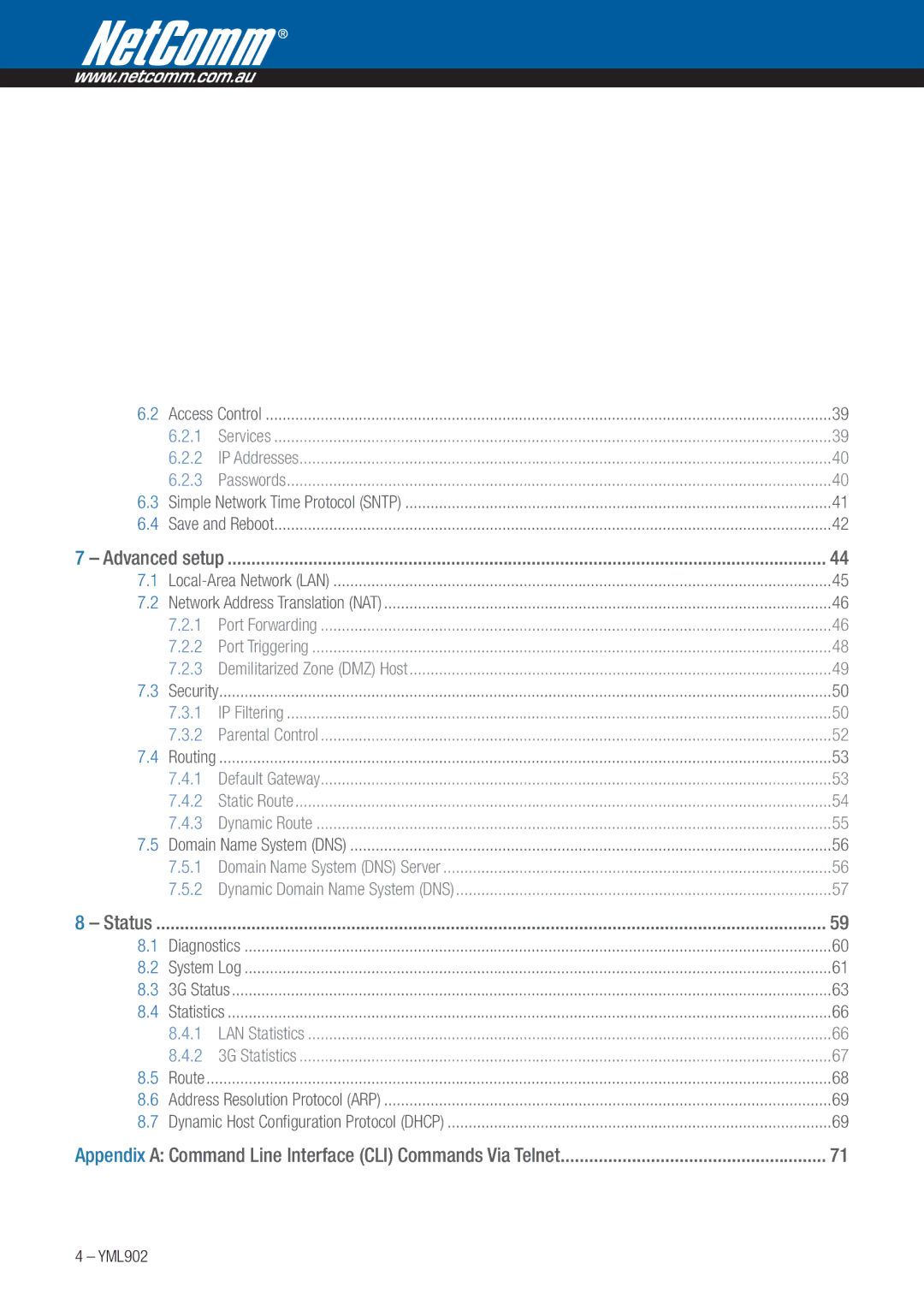 NetComm 3G9W manual Appendix a Command Line Interface CLI Commands Via Telnet 