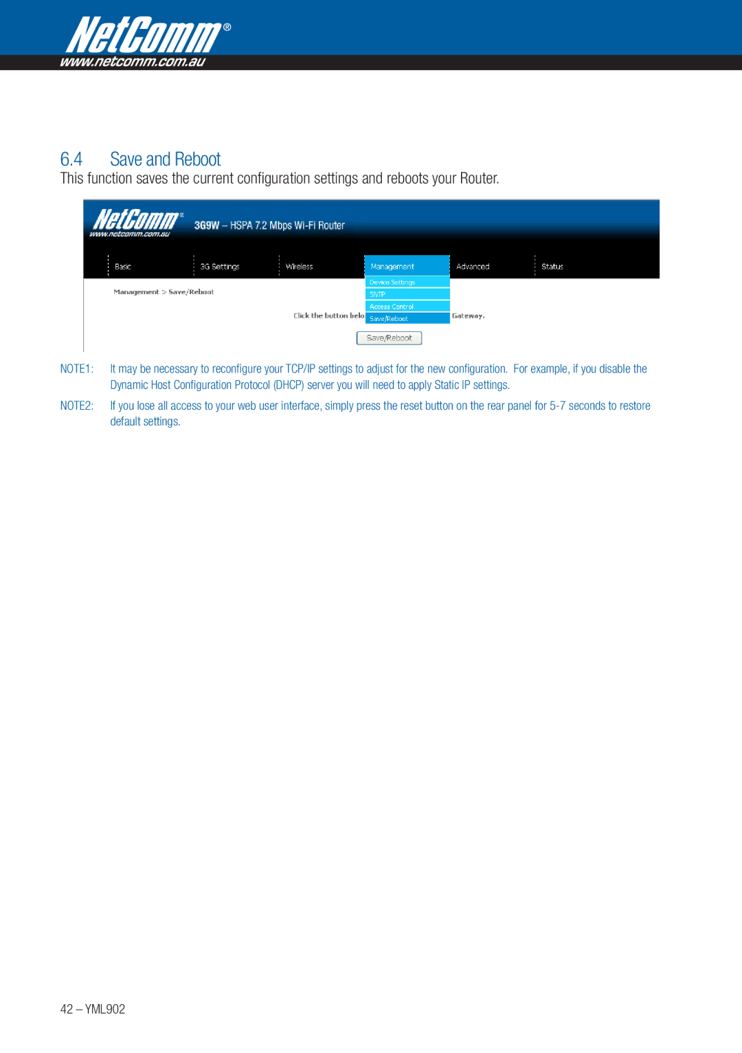 NetComm 3G9W manual Save and Reboot 