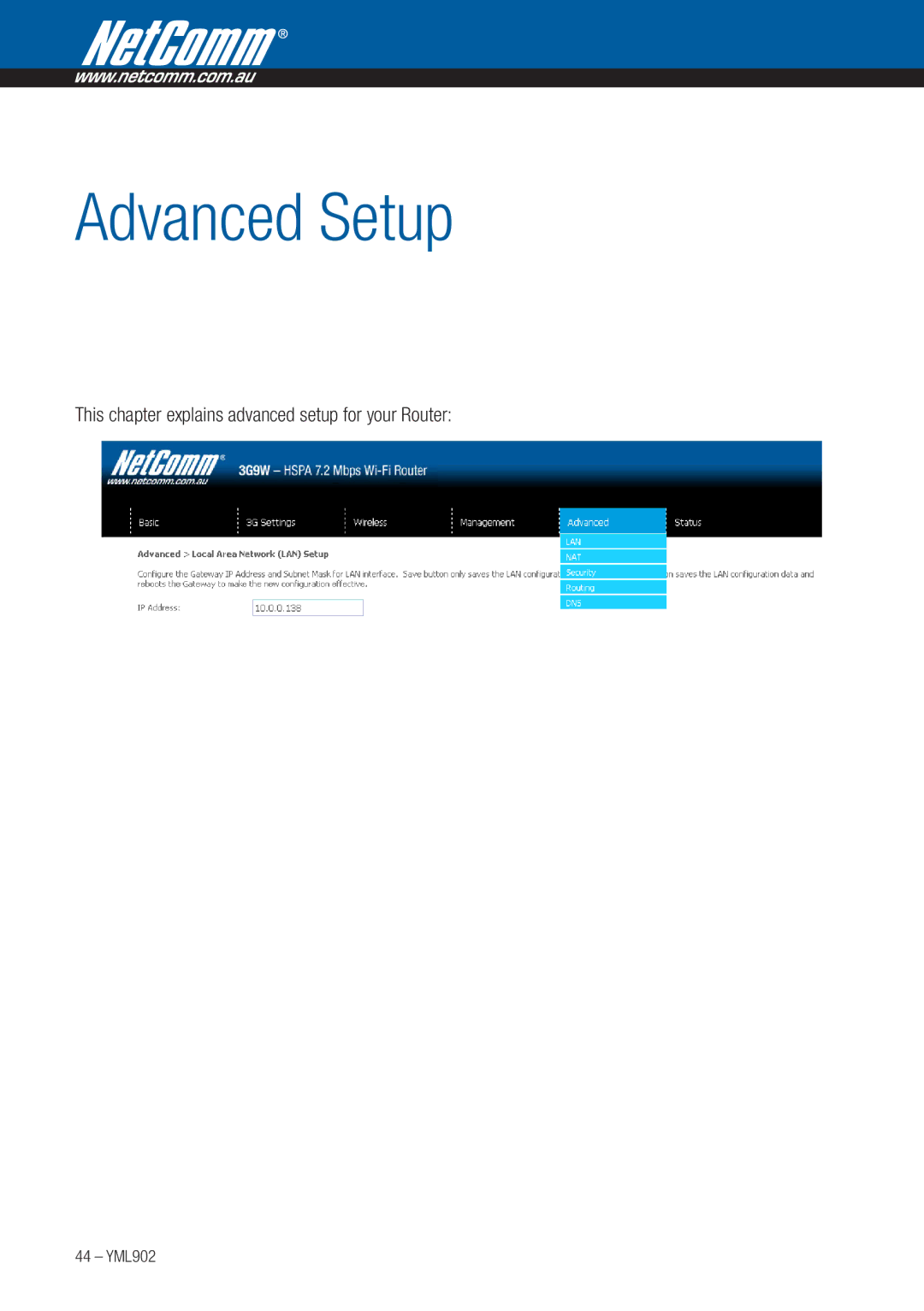 NetComm 3G9W manual Advanced Setup, This chapter explains advanced setup for your Router 