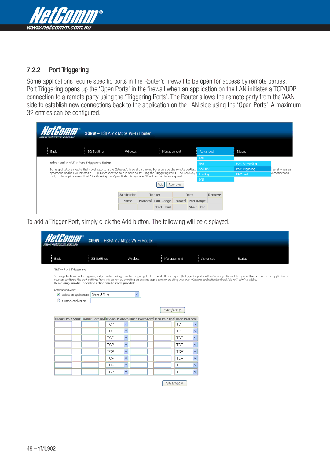 NetComm 3G9W manual Port Triggering 