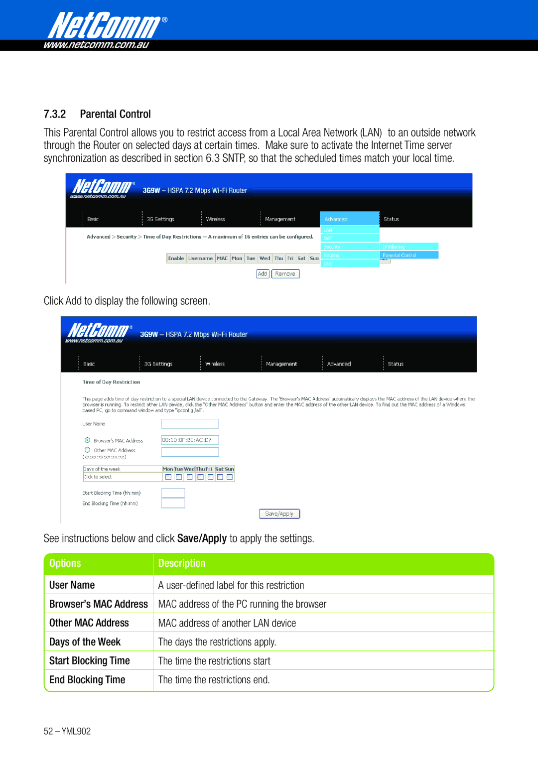 NetComm 3G9W manual Parental Control, User Name User-defined label for this restriction 