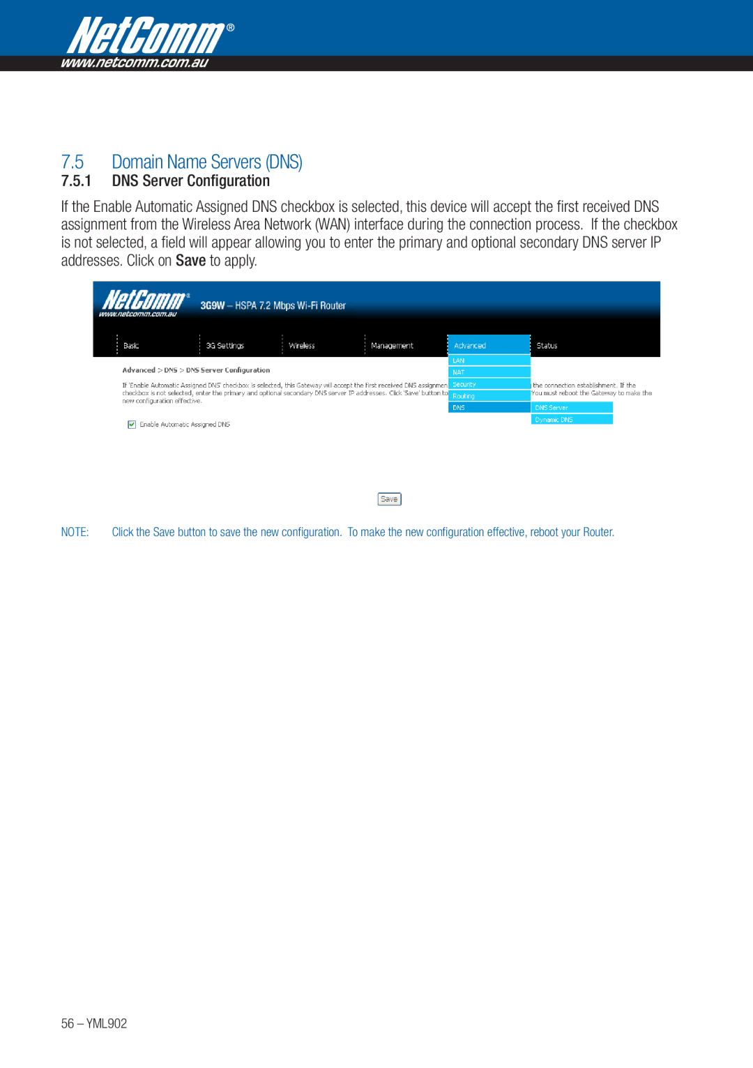 NetComm 3G9W manual Domain Name Servers DNS, DNS Server Configuration 