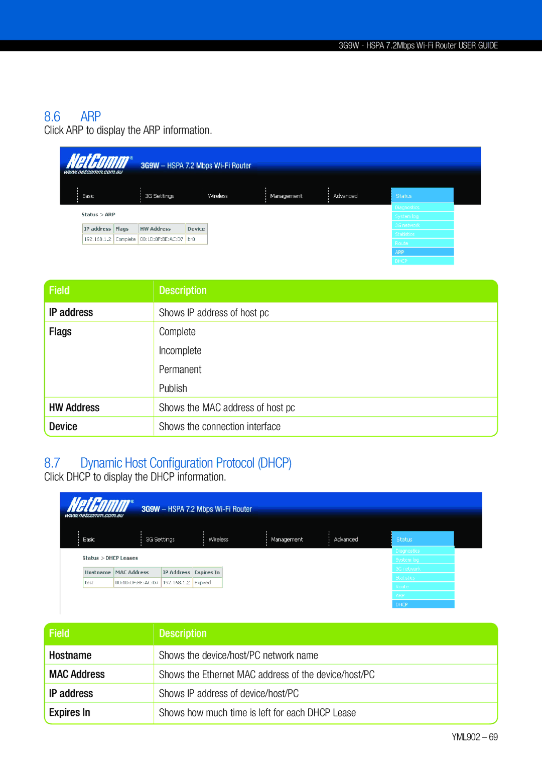 NetComm 3G9W manual Arp, Dynamic Host Configuration Protocol Dhcp, Click ARP to display the ARP information 