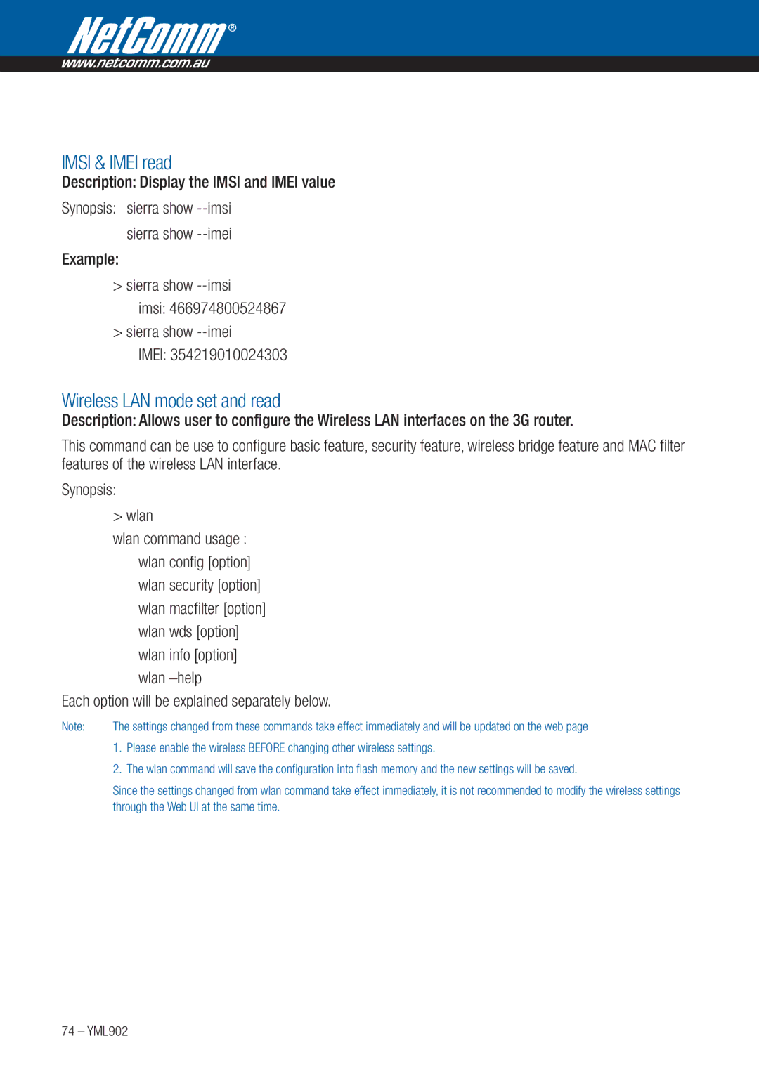 NetComm 3G9W manual Imsi & Imei read, Wireless LAN mode set and read 