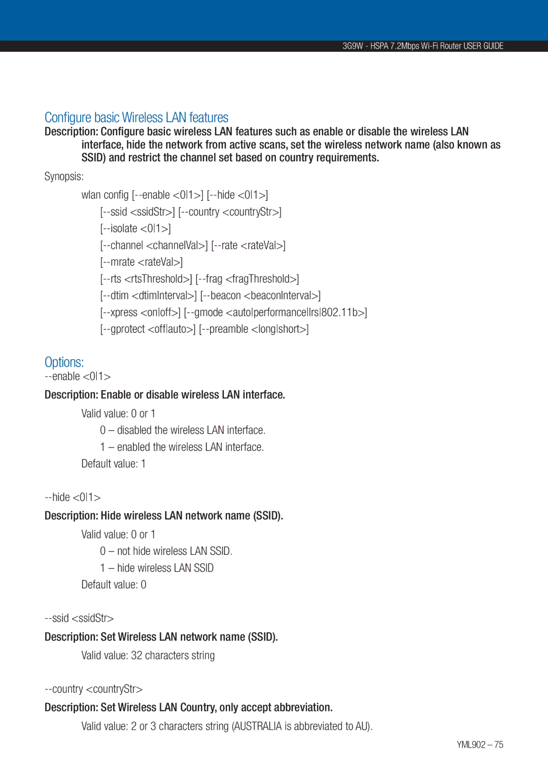 NetComm 3G9W manual Configure basic Wireless LAN features, Options 