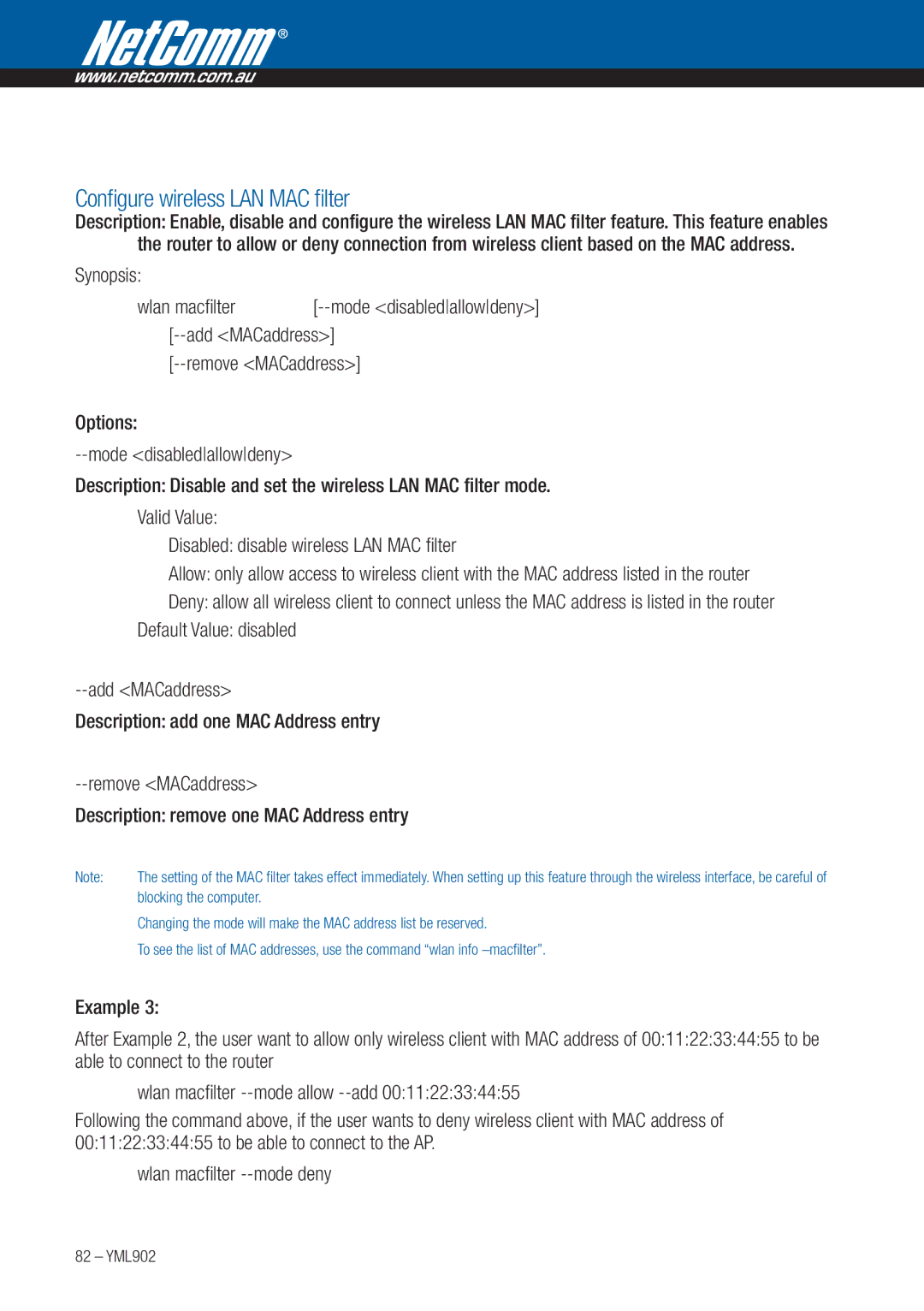 NetComm 3G9W manual Configure wireless LAN MAC filter, Wlan macfilter --mode disabledallowdeny --add MACaddress 