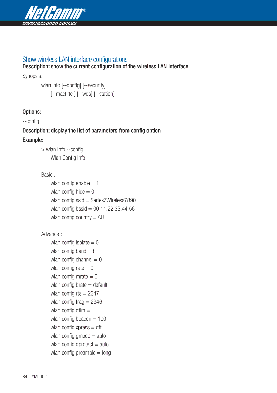 NetComm 3G9W manual Show wireless LAN interface configurations, Basic, Advance, Options --config 
