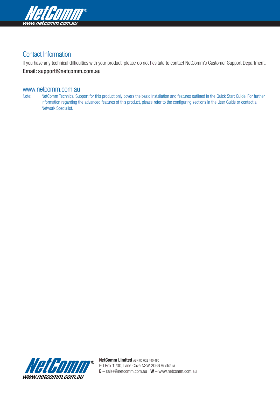 NetComm 3G9W manual Contact Information, Email support@netcomm.com.au 