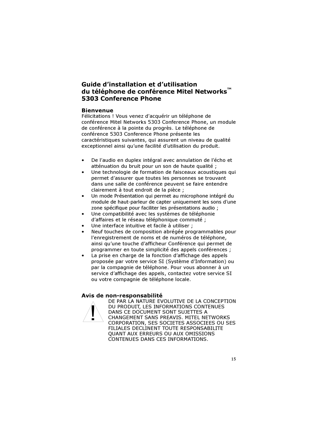 NetComm 5303 manual Bienvenue, Avis de non-responsabilité 