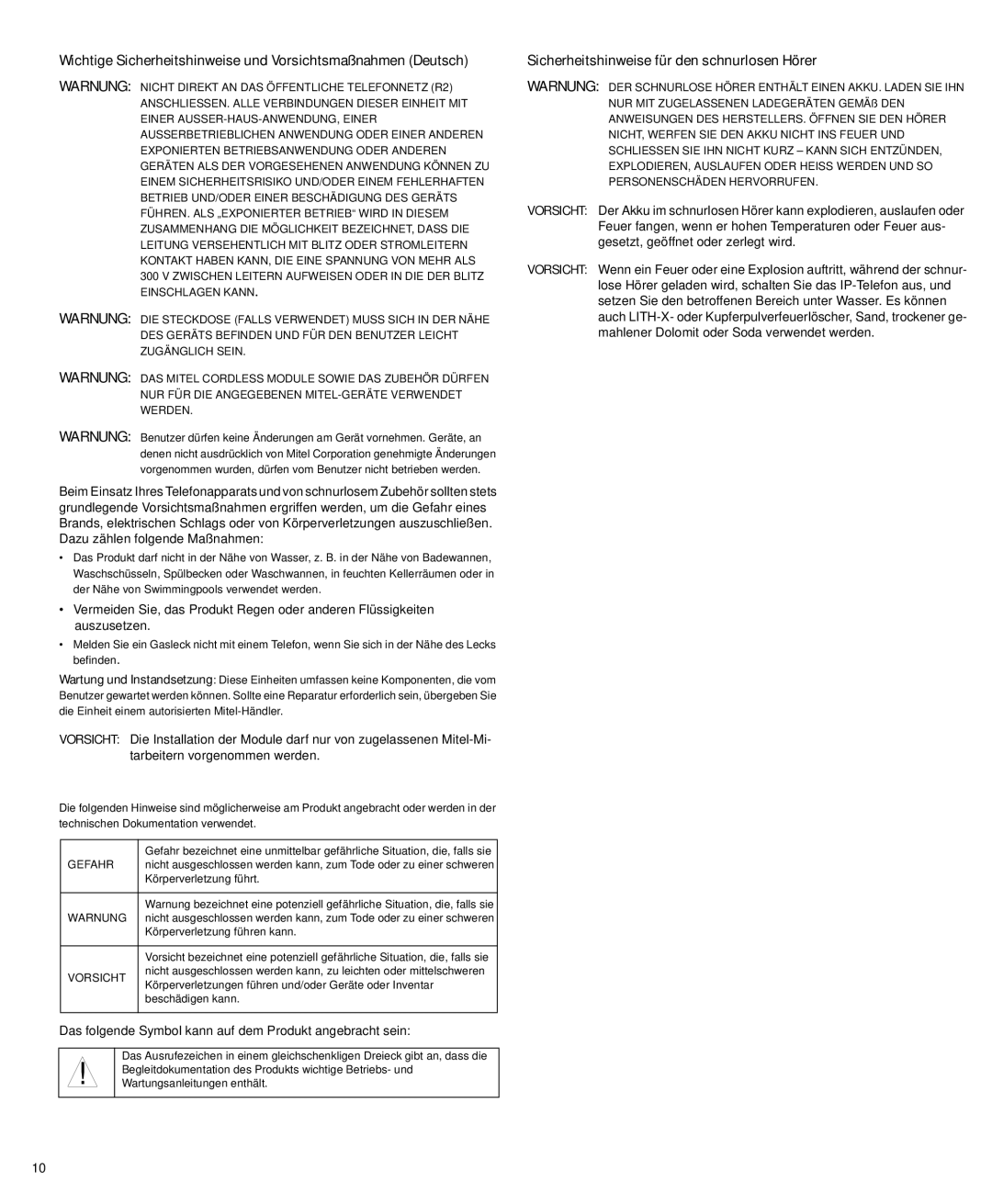 NetComm 5340 Wichtige Sicherheitshinweise und Vorsichtsmaßnahmen Deutsch, Sicherheitshinweise für den schnurlosen Hörer 