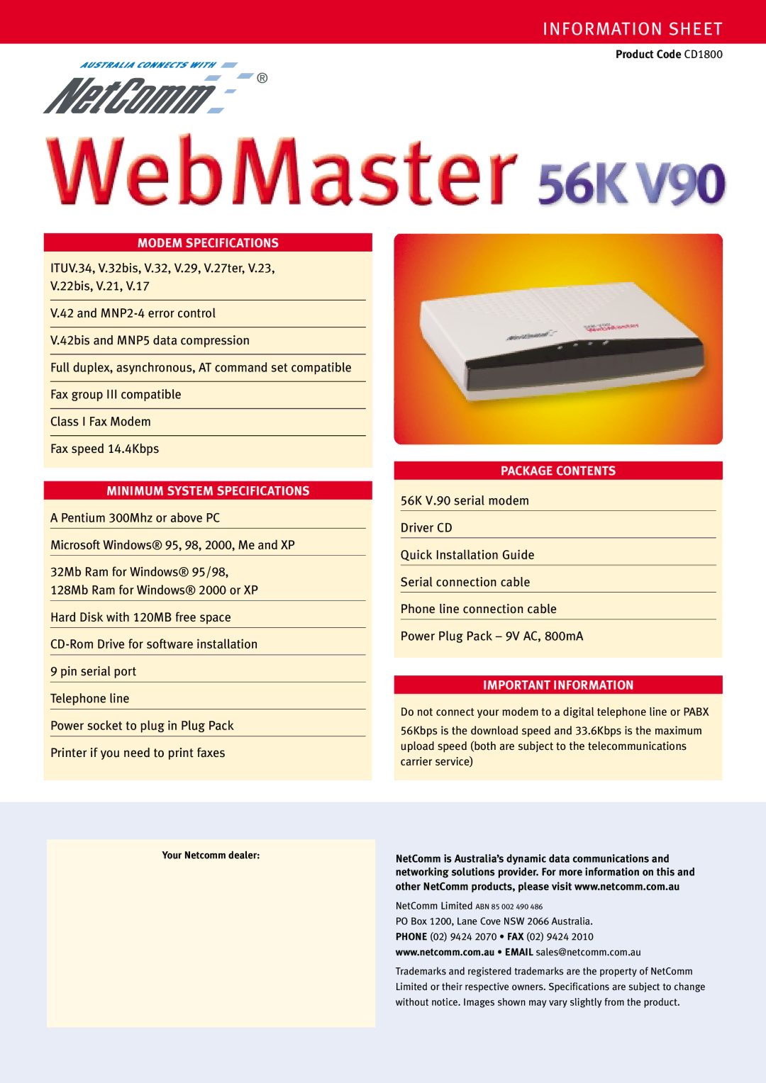 NetComm 56K V90 manual Modem Specifications, Minimum System Specifications, Package Contents, Important Information 