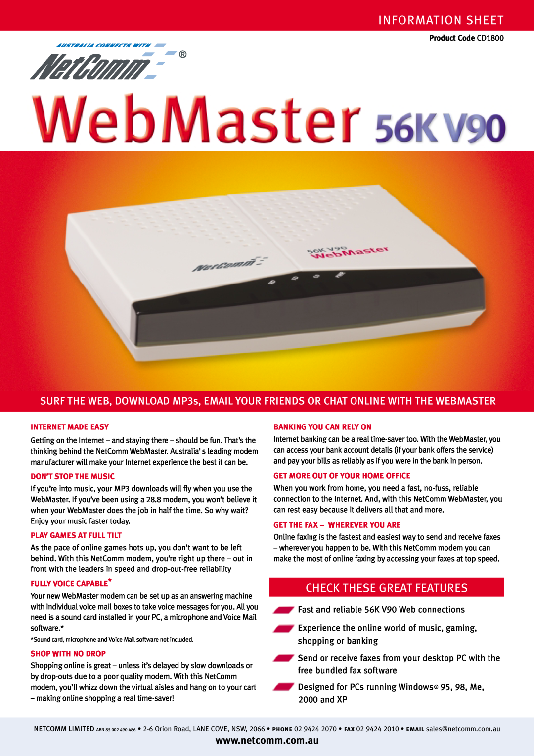 NetComm 56K V90 manual Information Sheet, Check These Great Features, Product Code CD1800, Internet Made Easy 