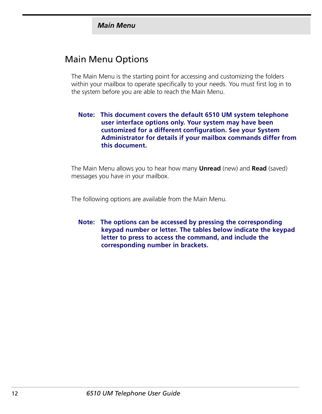 NetComm 6510 manual Main Menu Options 