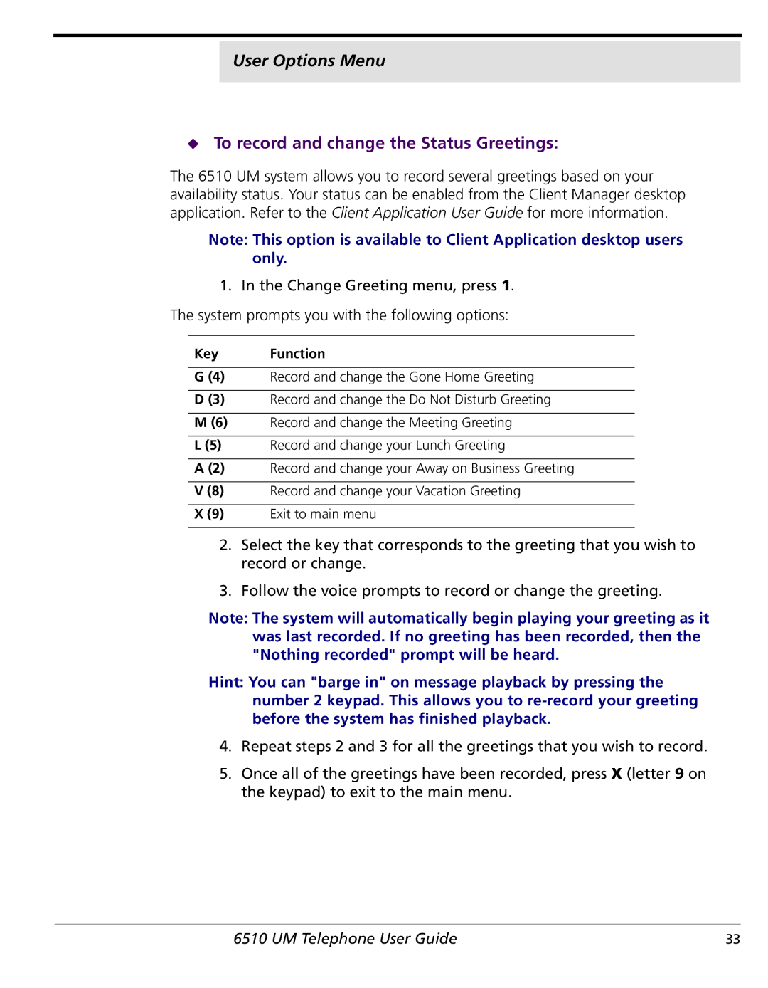 NetComm 6510 manual To record and change the Status Greetings 